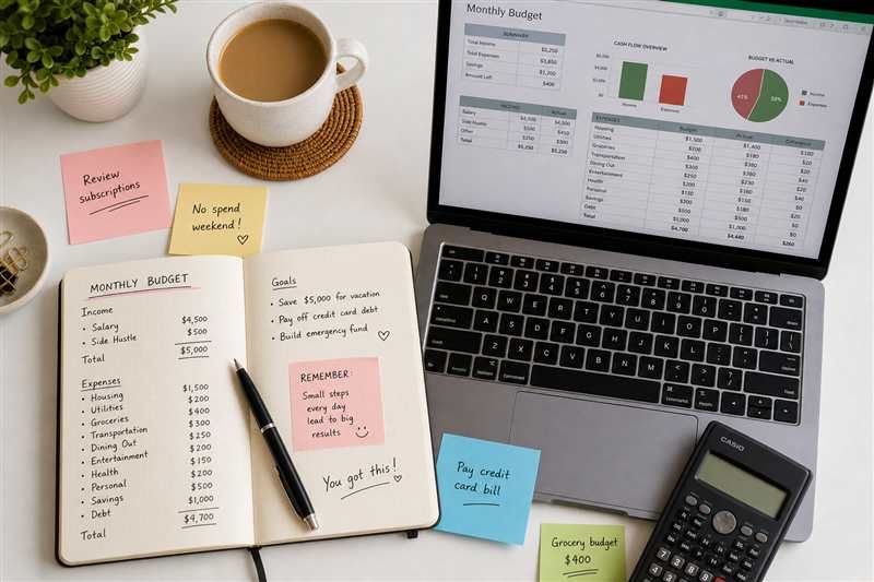 Caderno com planejamento financeiro mensal
